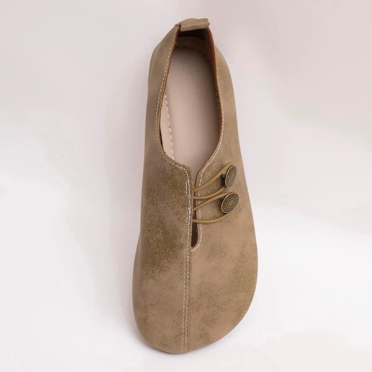 Women's Shoes - Khaki Flat Shoes with Button Detail for Everyday Elegance