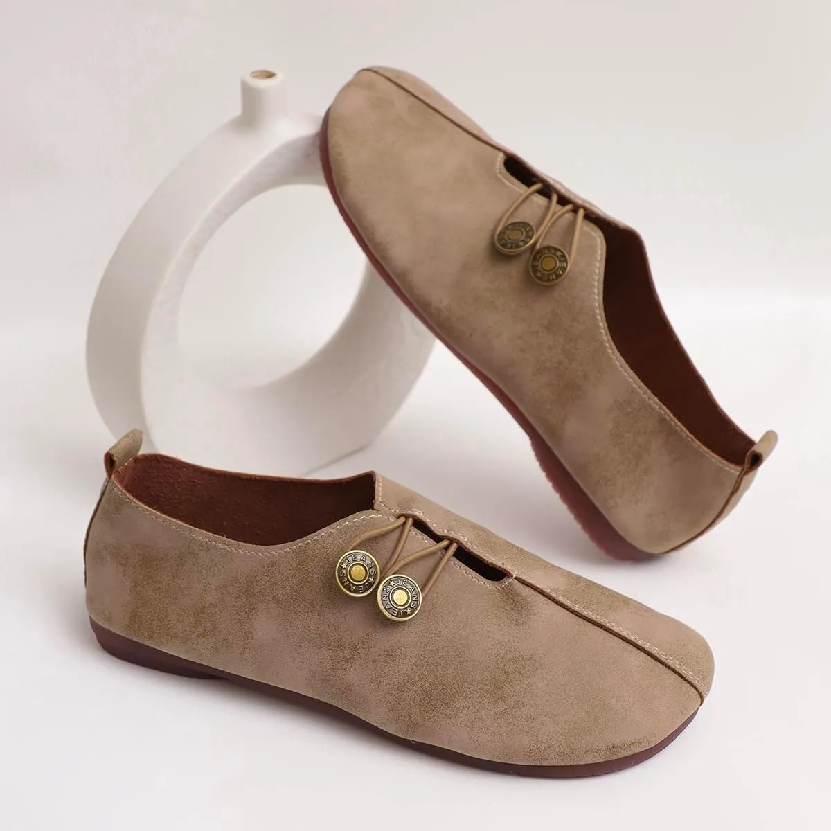 Women's Shoes - Khaki Flat Shoes with Button Detail for Everyday Elegance