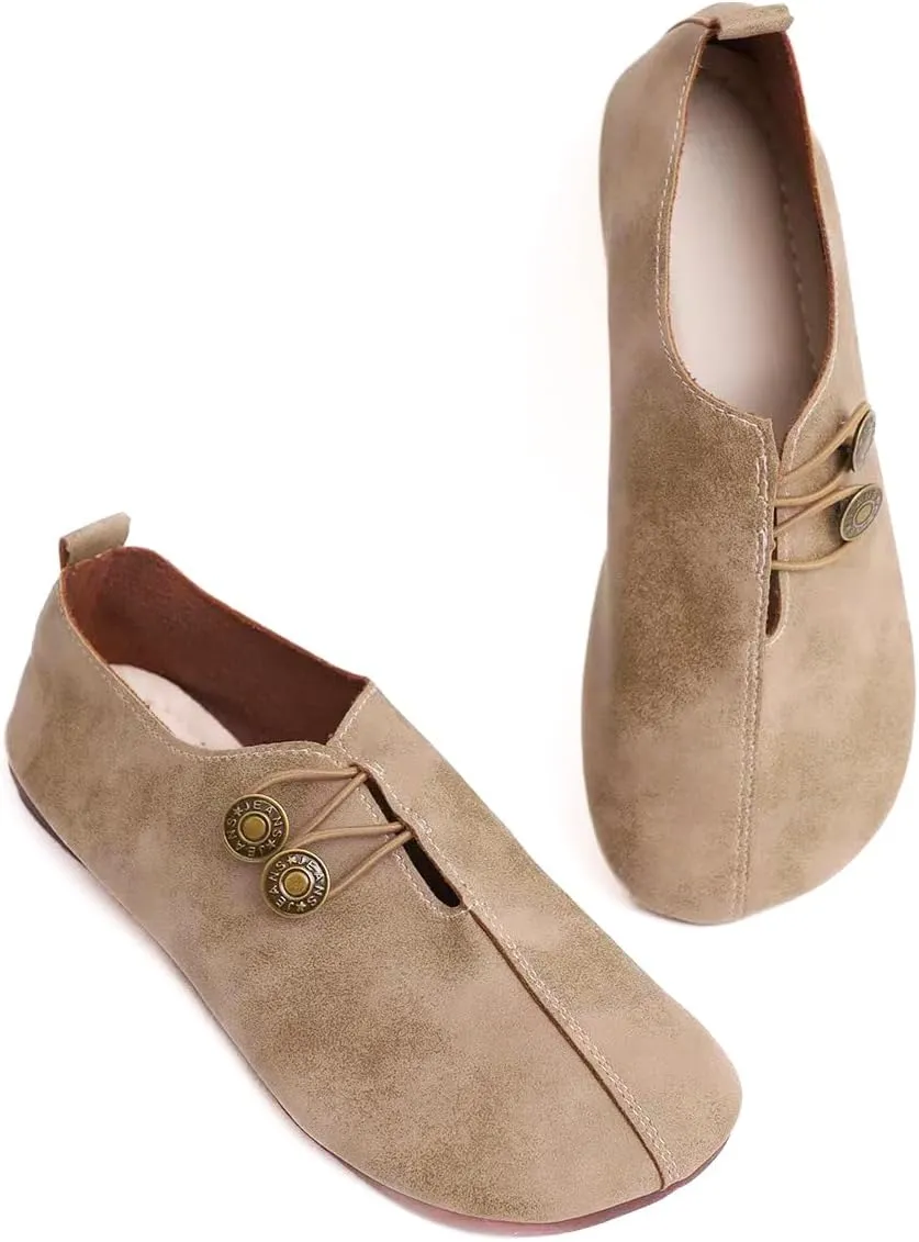 Women's Shoes - Khaki Flat Shoes with Button Detail for Everyday Elegance