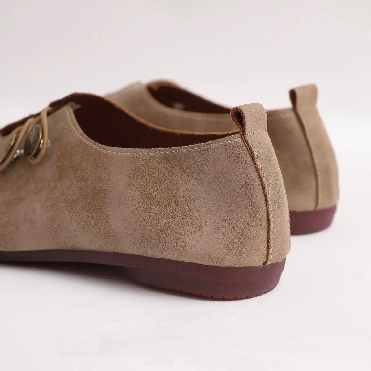 Women's Shoes - Khaki Flat Shoes with Button Detail for Everyday Elegance