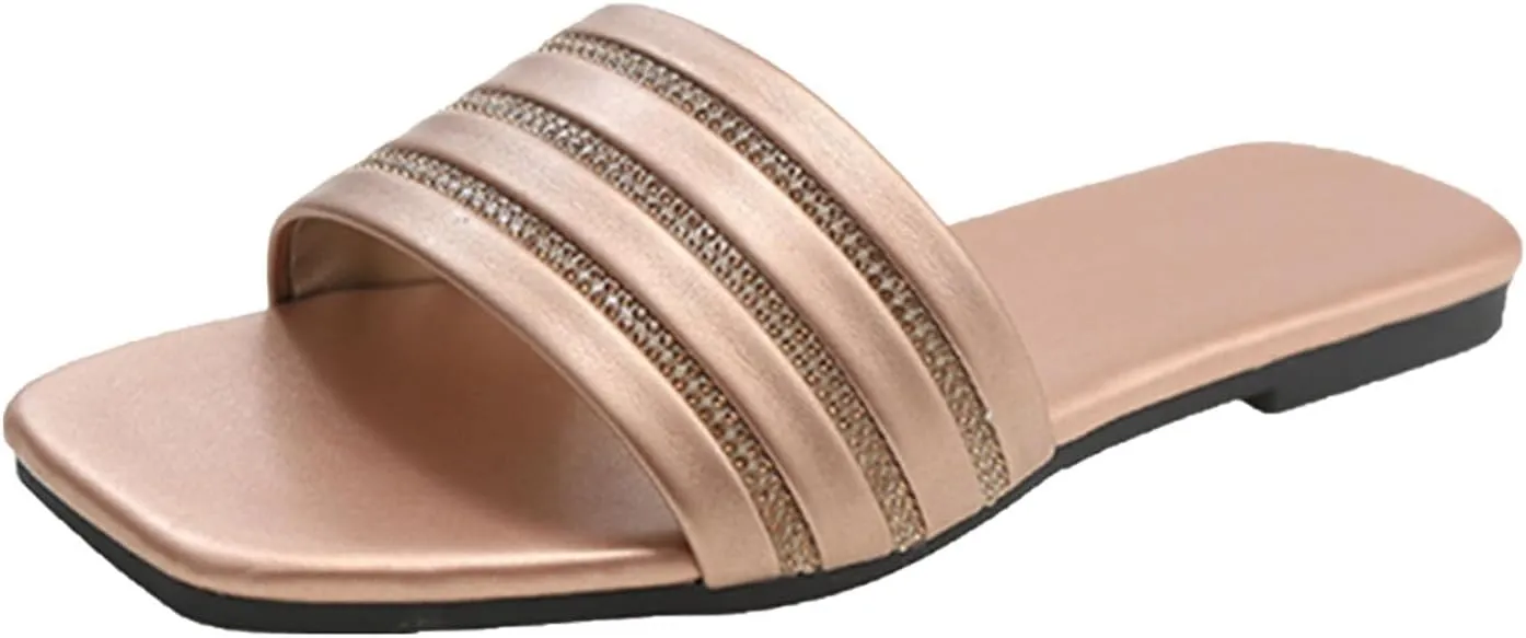 Womens Square Toe Slides Elegant Flat Sandals Comfort Casual Slip on Slippers Summer Vacation Sandal 2025 Trendy