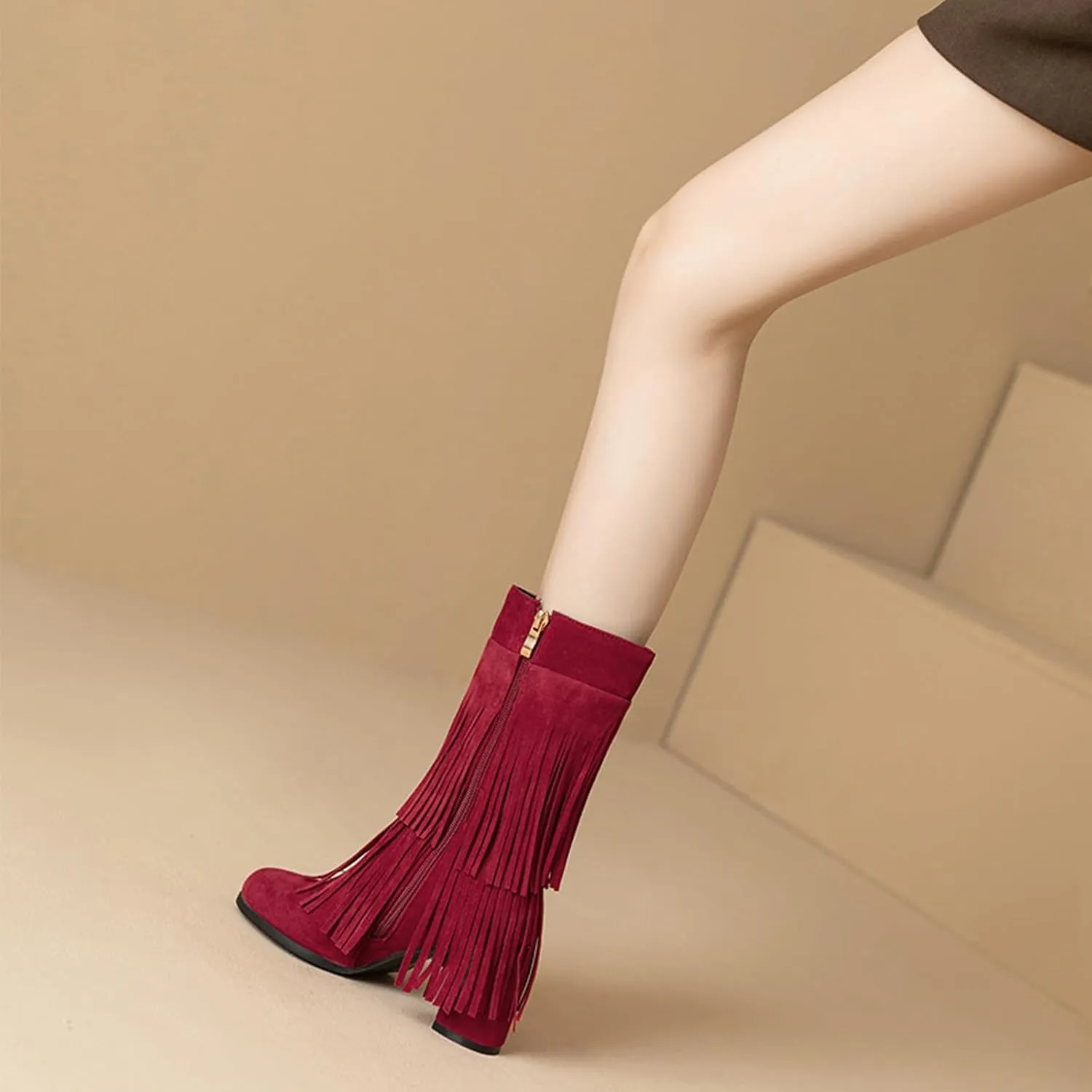 Women's Suede Double Tassel Mid Calf Boot,Fashion Chunky Heel Side Zipper Classic Western Boots Wide Calf Riding Cowgirl Cowboy Boots Height Increasing Warm Winter Short Boot