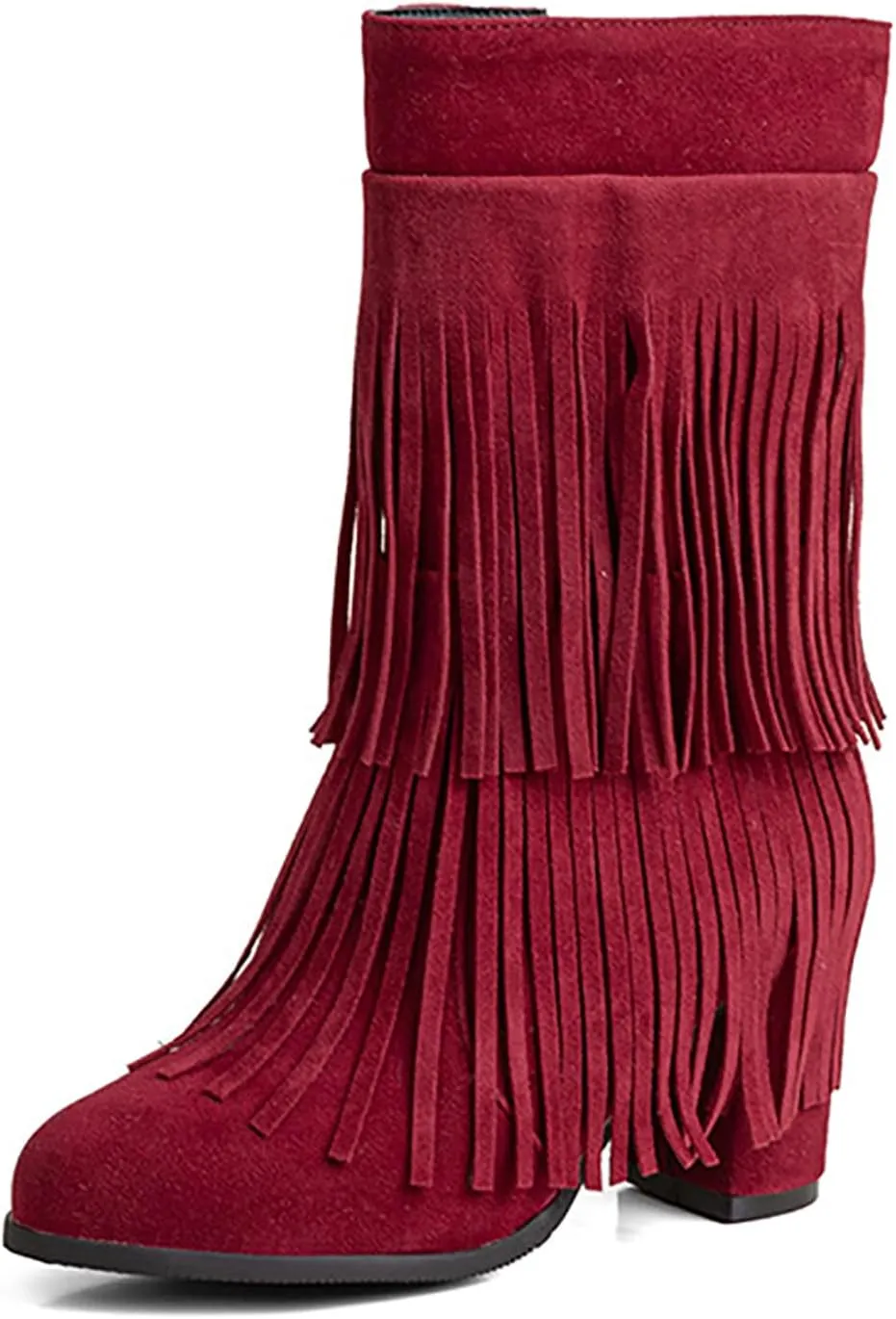 Women's Suede Double Tassel Mid Calf Boot,Fashion Chunky Heel Side Zipper Classic Western Boots Wide Calf Riding Cowgirl Cowboy Boots Height Increasing Warm Winter Short Boot