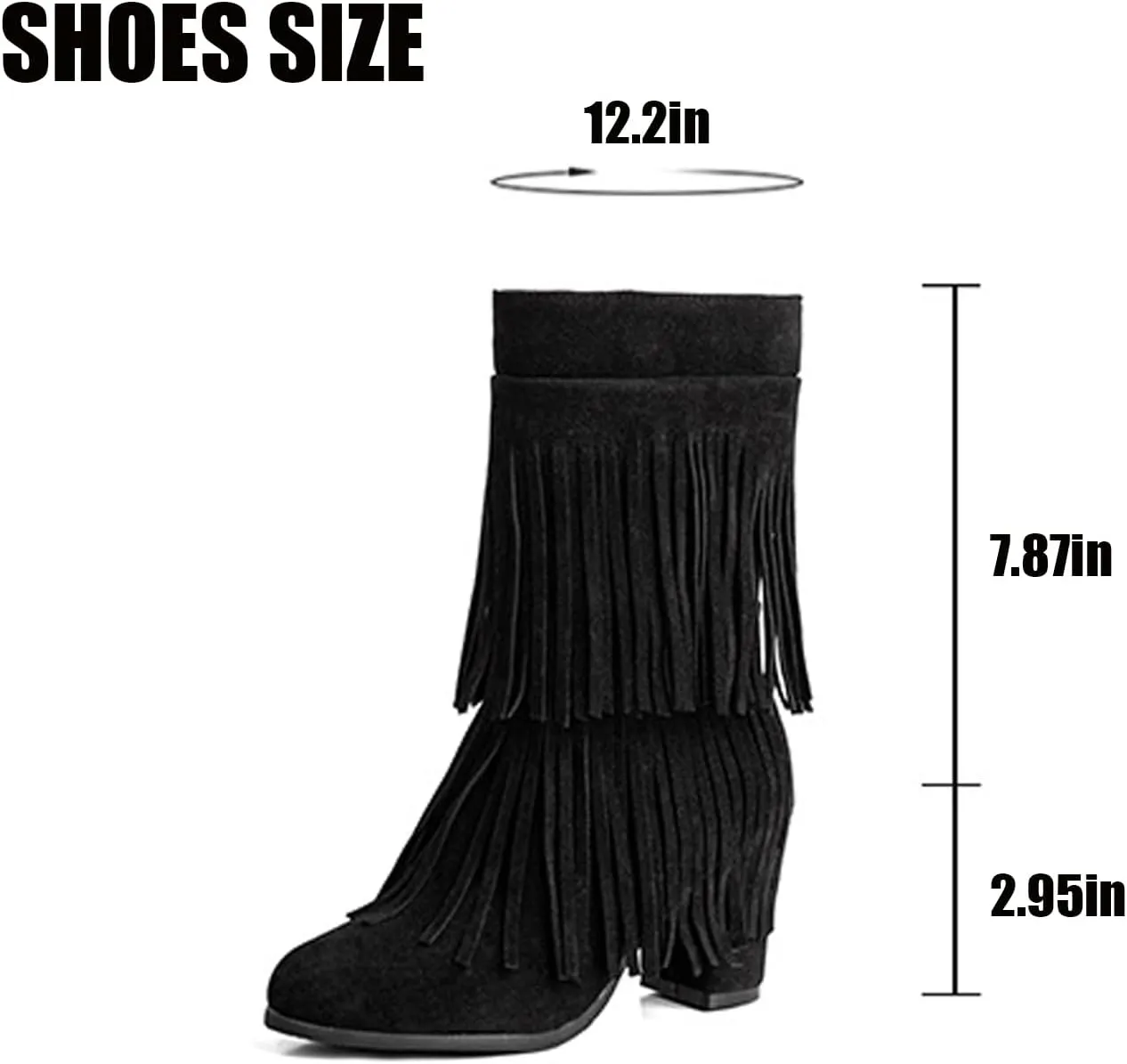Women's Suede Double Tassel Mid Calf Boot,Fashion Chunky Heel Side Zipper Classic Western Boots Wide Calf Riding Cowgirl Cowboy Boots Height Increasing Warm Winter Short Boot
