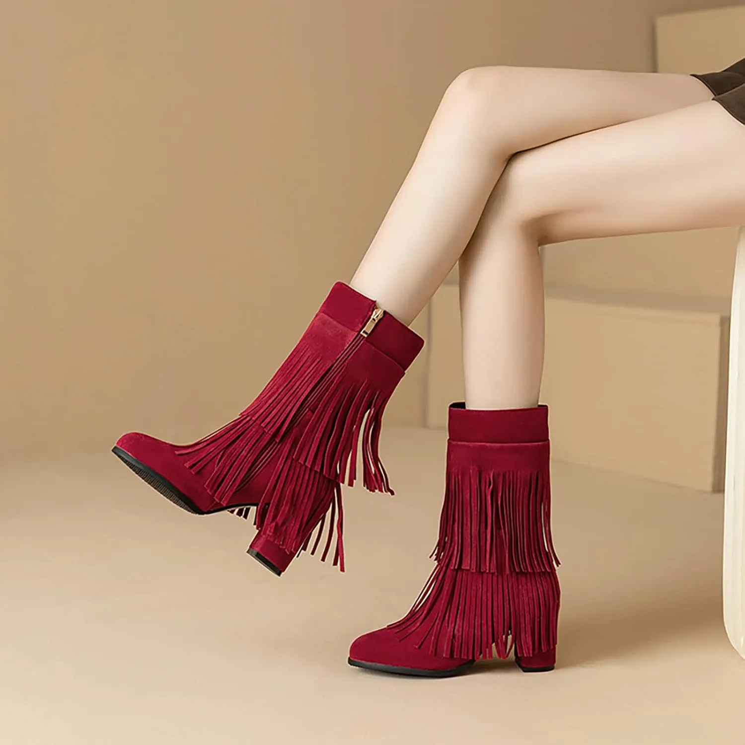 Women's Suede Double Tassel Mid Calf Boot,Fashion Chunky Heel Side Zipper Classic Western Boots Wide Calf Riding Cowgirl Cowboy Boots Height Increasing Warm Winter Short Boot