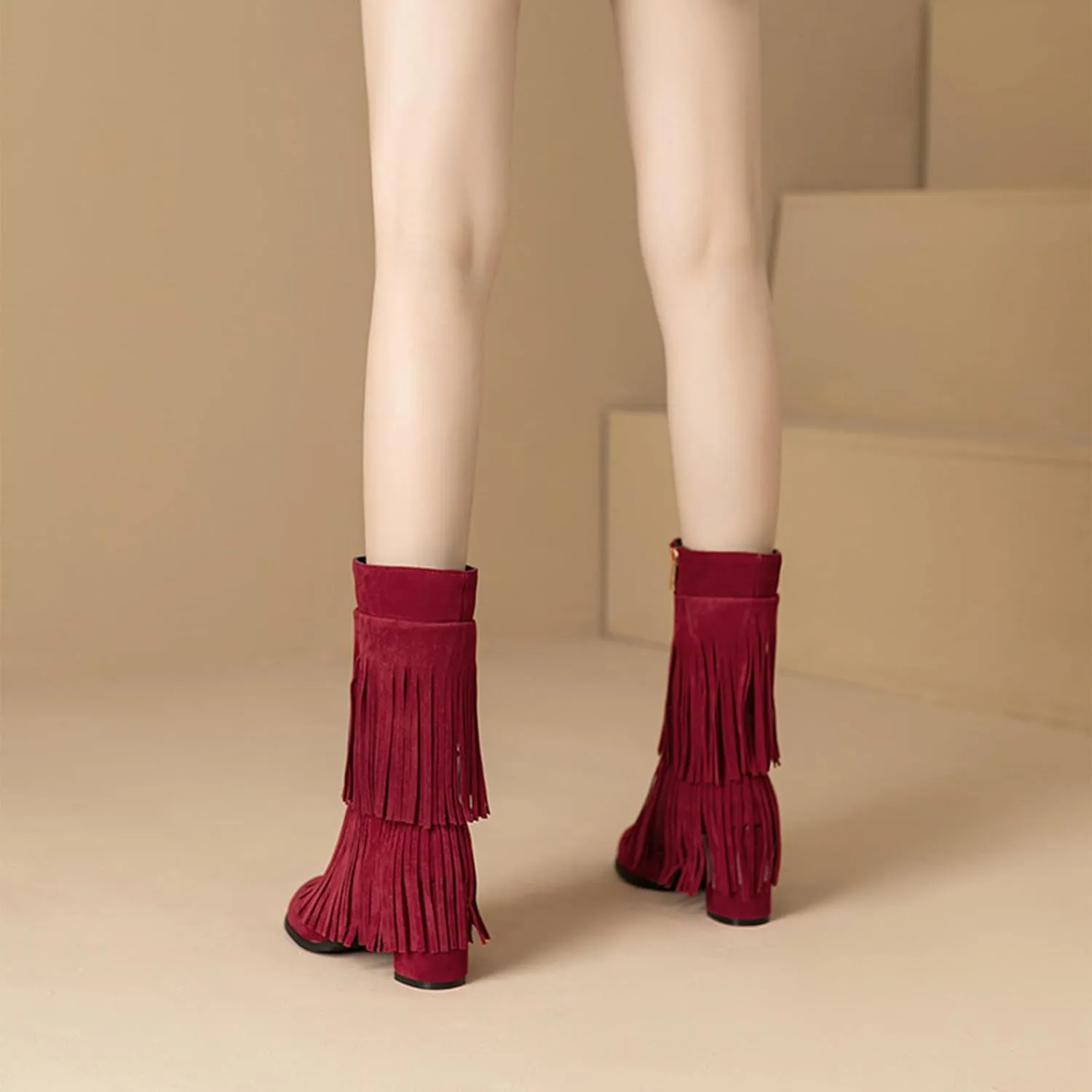 Women's Suede Double Tassel Mid Calf Boot,Fashion Chunky Heel Side Zipper Classic Western Boots Wide Calf Riding Cowgirl Cowboy Boots Height Increasing Warm Winter Short Boot