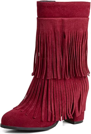 Women's Suede Double Tassel Mid Calf Boot,Fashion Chunky Heel Side Zipper Classic Western Boots Wide Calf Riding Cowgirl Cowboy Boots Height Increasing Warm Winter Short Boot