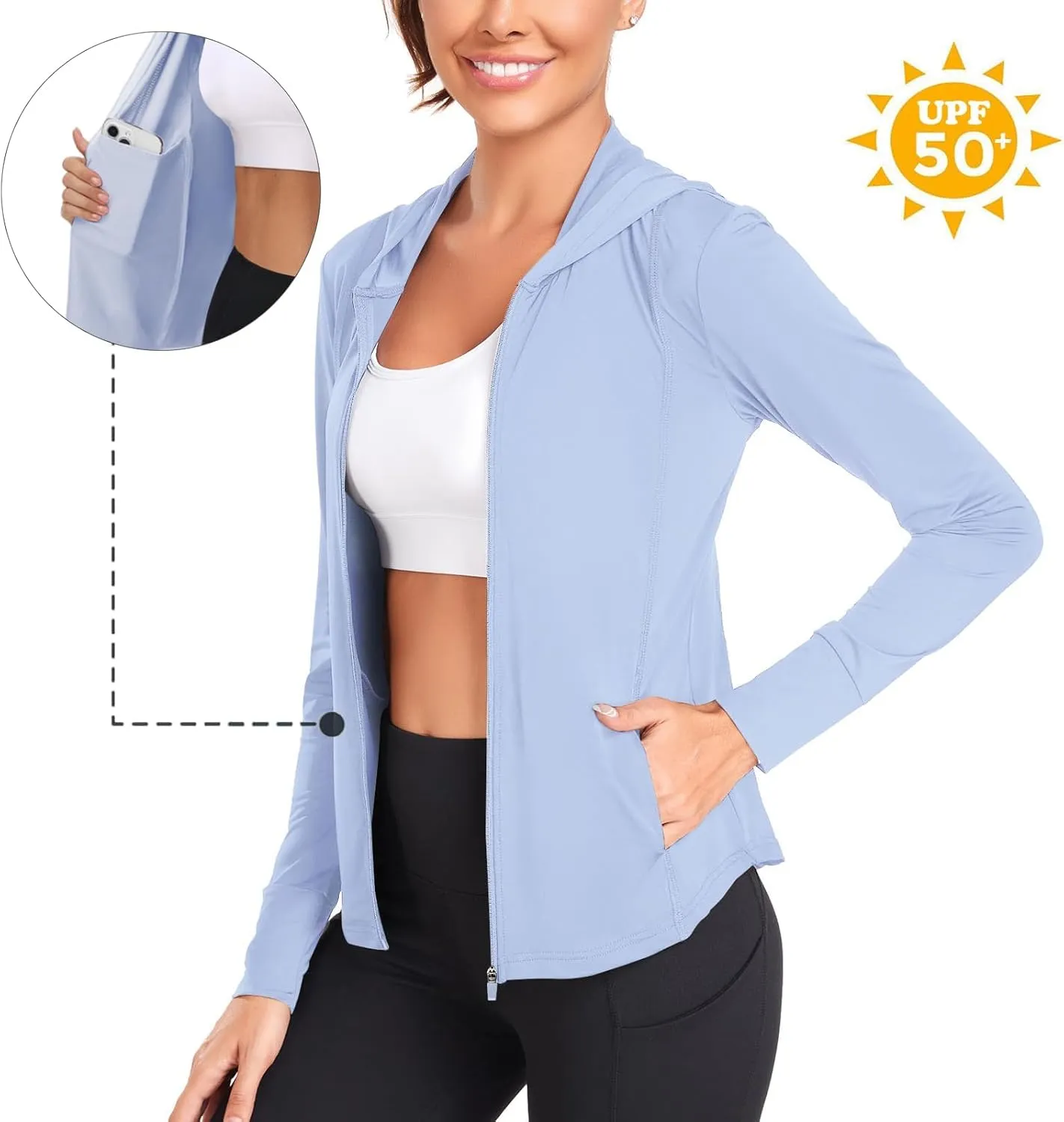 Womens UPF 50  Zip Up Hoodies Long Sleeve UV Sun Protection Shirts Lightweight Quick Dry Jackets Hiking Running Tops
