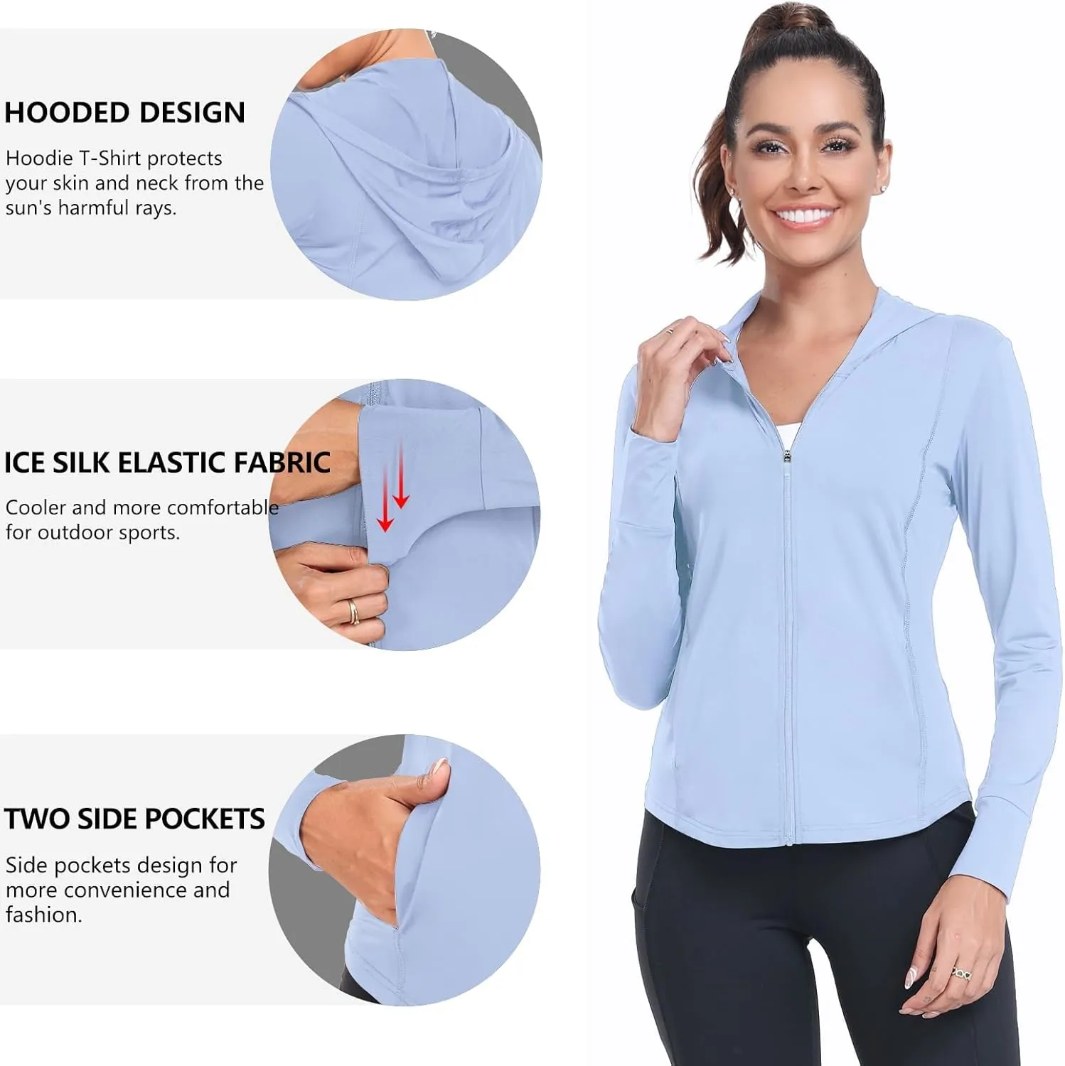 Womens UPF 50  Zip Up Hoodies Long Sleeve UV Sun Protection Shirts Lightweight Quick Dry Jackets Hiking Running Tops