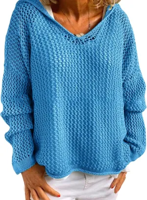 Women’s V-Neck Long Sleeve Sweaters, 2025 Spring Crochet Knit Sweaters for Women, Loose Fit Lightweight Blouse, Coral