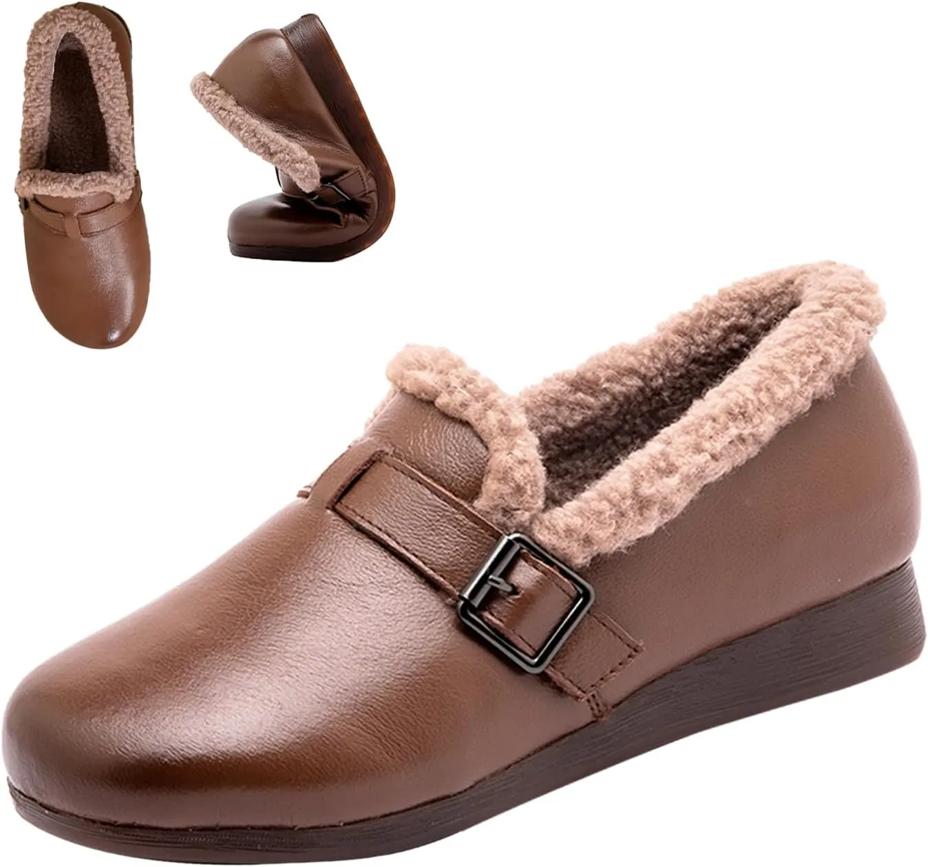 Women's Winter Moccasins Shoes,Lightweight Cozy Fuzzy Lined Non-Slip Softsole Metal Buckle Leather Casual Flat Slippers
