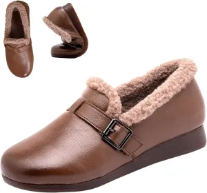 Women's Winter Moccasins Shoes,Lightweight Cozy Fuzzy Lined Non-Slip Softsole Metal Buckle Leather Casual Flat Slippers