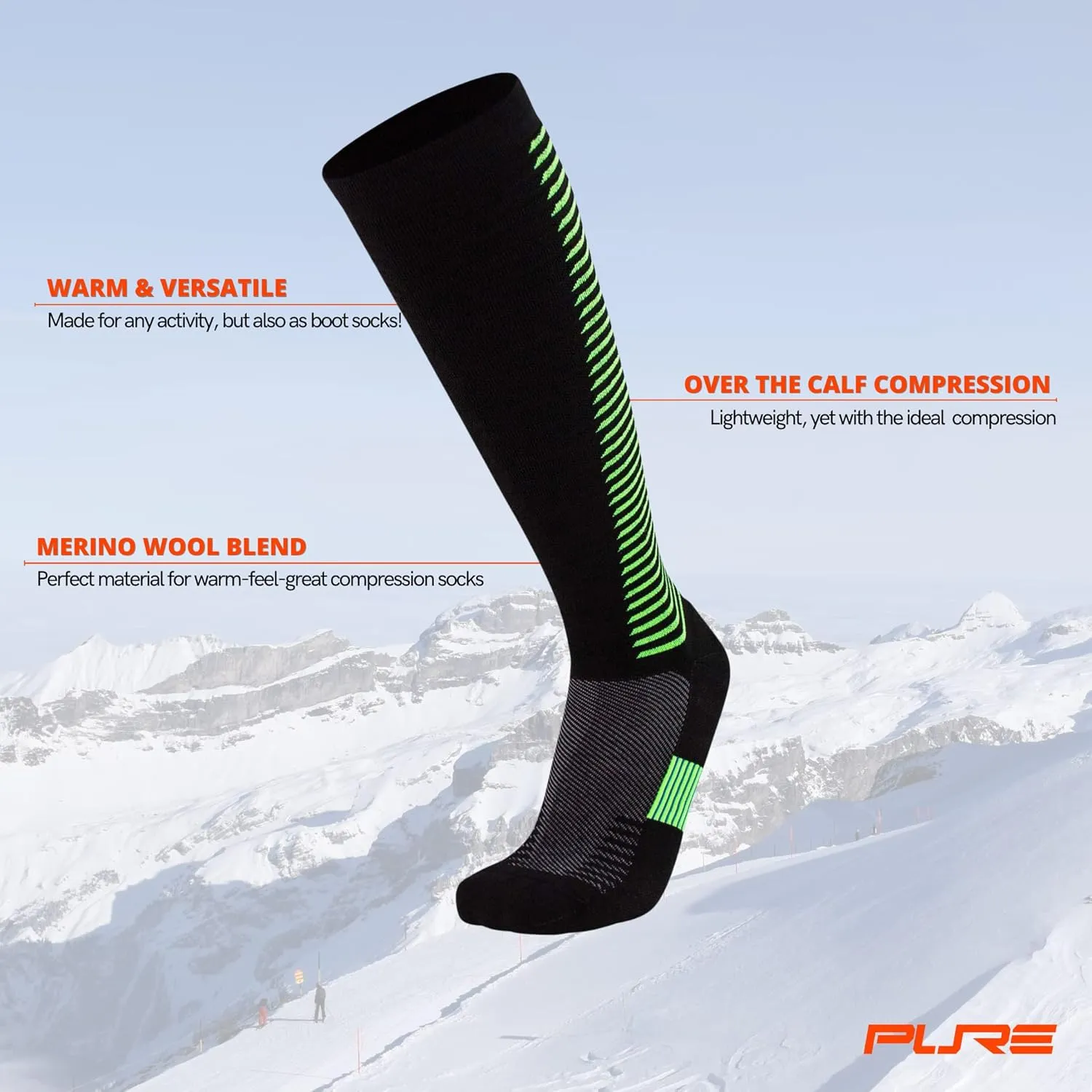 Wool Compression Ski Socks - Ultra Compression Thermal Boot Socks for Skiing Hiking Hunting Cold Weather
