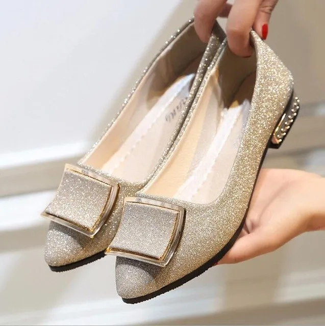 XDA Flat Flats Golden low heel Buckle Shoes Women Cool sequin Loafers Women Flexible Ballet Highly praised