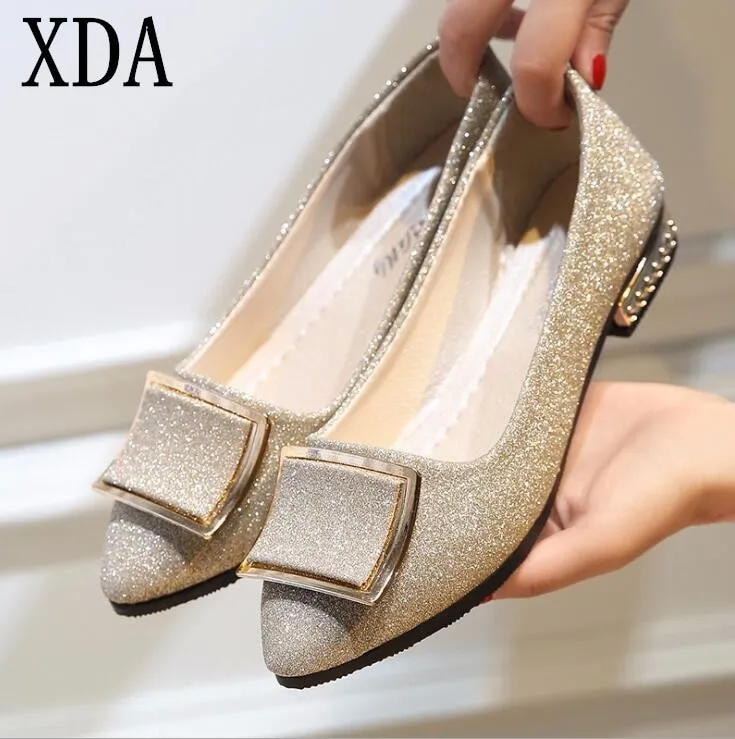 XDA Flat Flats Golden low heel Buckle Shoes Women Cool sequin Loafers Women Flexible Ballet Highly praised