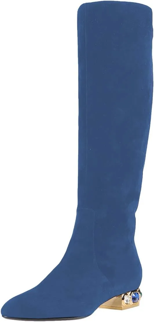 XYD Women Classic Knee High Boots, Rhinestone Heel, Side Zip Up, Almond Toe, Winter Walking Shoes, Wide Calf