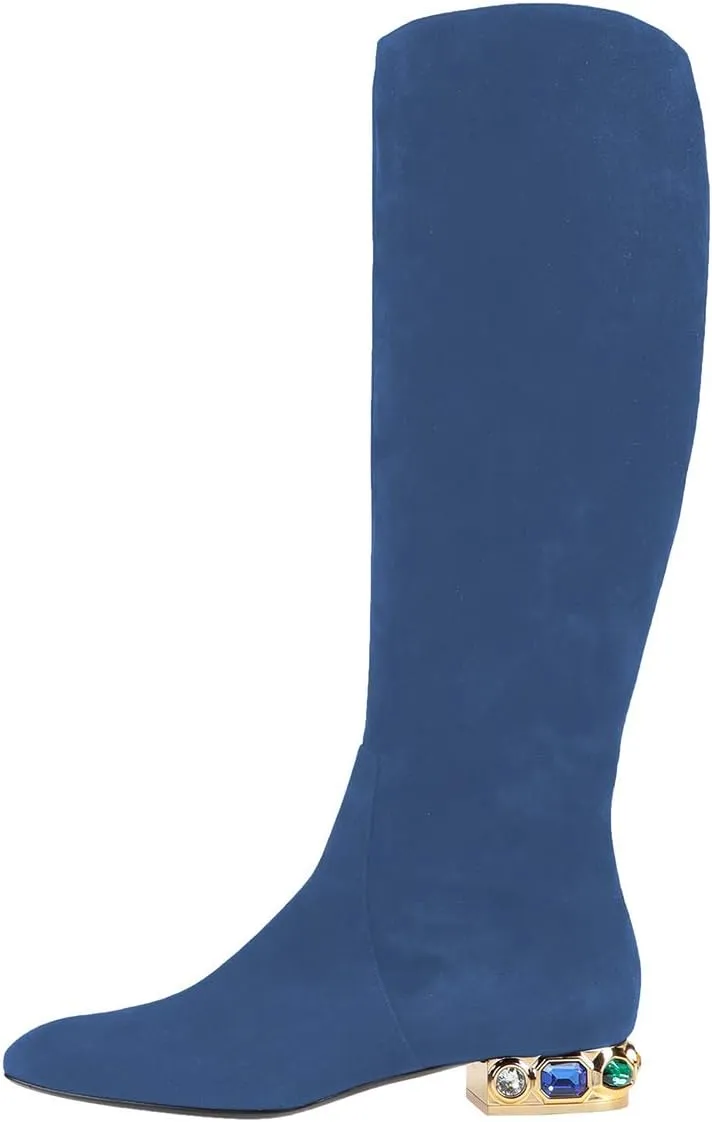 XYD Women Classic Knee High Boots, Rhinestone Heel, Side Zip Up, Almond Toe, Winter Walking Shoes, Wide Calf
