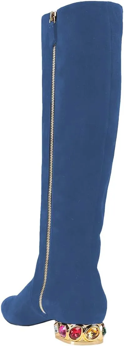 XYD Women Classic Knee High Boots, Rhinestone Heel, Side Zip Up, Almond Toe, Winter Walking Shoes, Wide Calf
