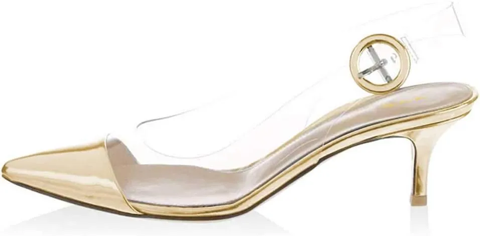 XYD Women Transparent Slingback Mid Kitten Heels Pumps Pointed Toe PVC Dress Sandals Clear Shoes with Buckle
