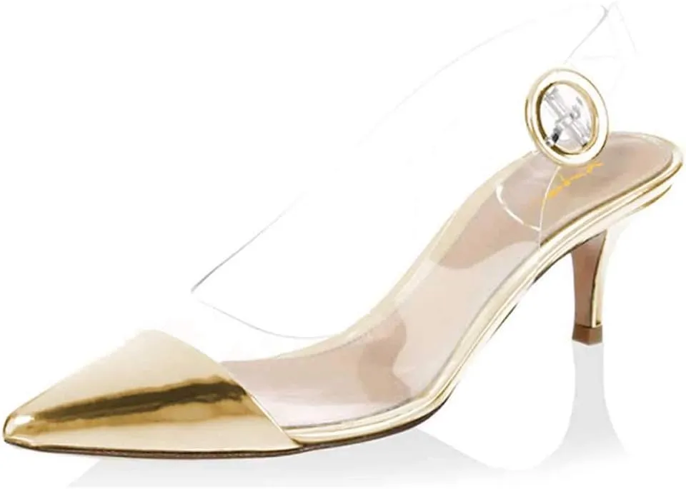 XYD Women Transparent Slingback Mid Kitten Heels Pumps Pointed Toe PVC Dress Sandals Clear Shoes with Buckle