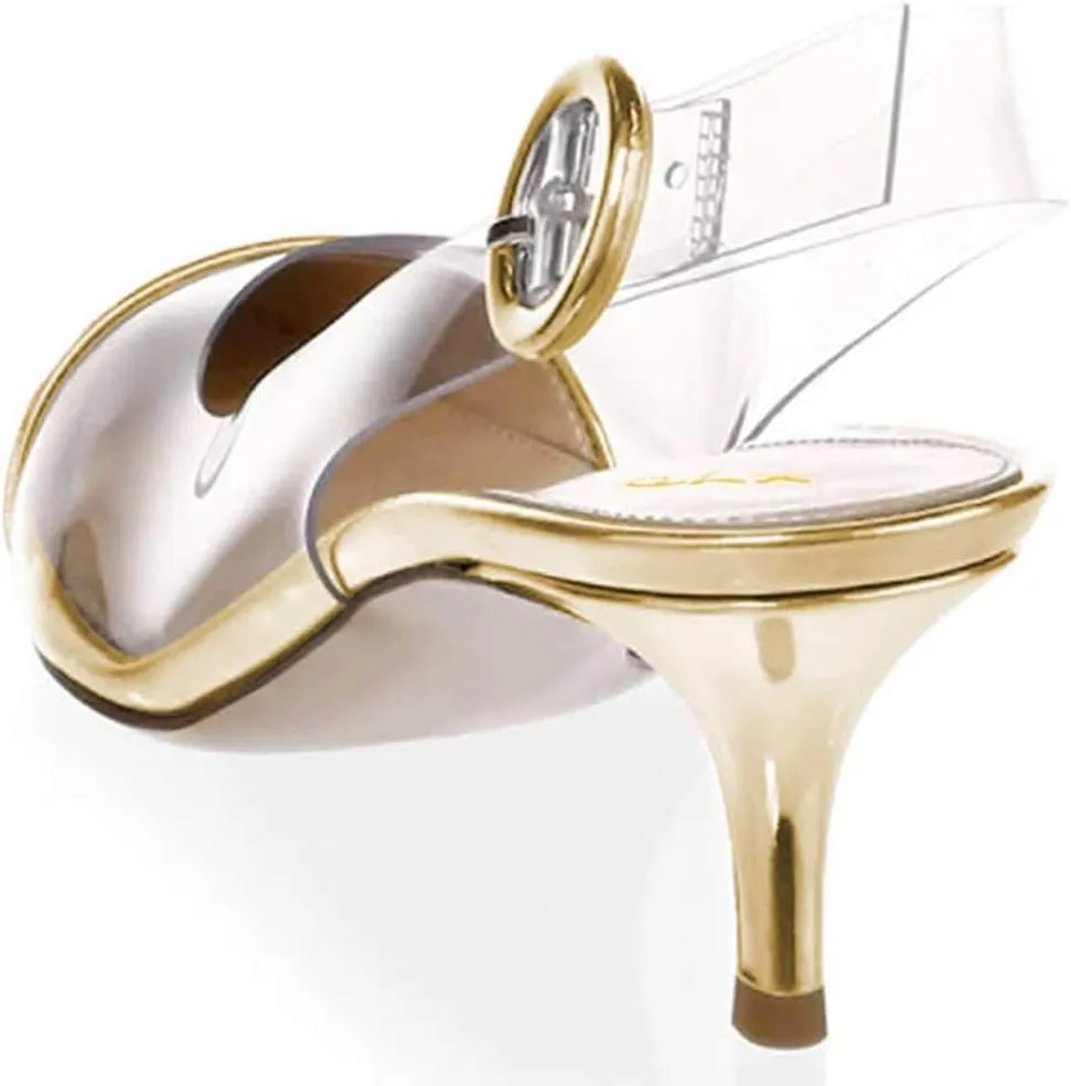 XYD Women Transparent Slingback Mid Kitten Heels Pumps Pointed Toe PVC Dress Sandals Clear Shoes with Buckle