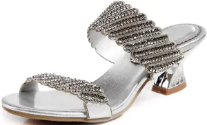 YooPrettyz Women Two Strap Dress Party Shoes Glitter Studded Slip On Casual Sandals