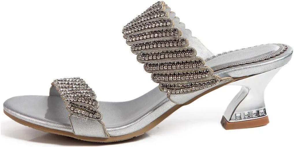 YooPrettyz Women Two Strap Dress Party Shoes Glitter Studded Slip On Casual Sandals