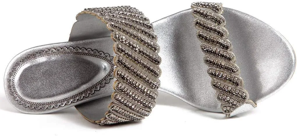 YooPrettyz Women Two Strap Dress Party Shoes Glitter Studded Slip On Casual Sandals