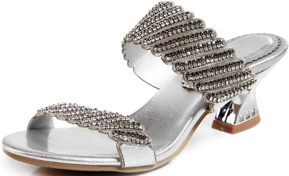 YooPrettyz Women Two Strap Dress Party Shoes Glitter Studded Slip On Casual Sandals