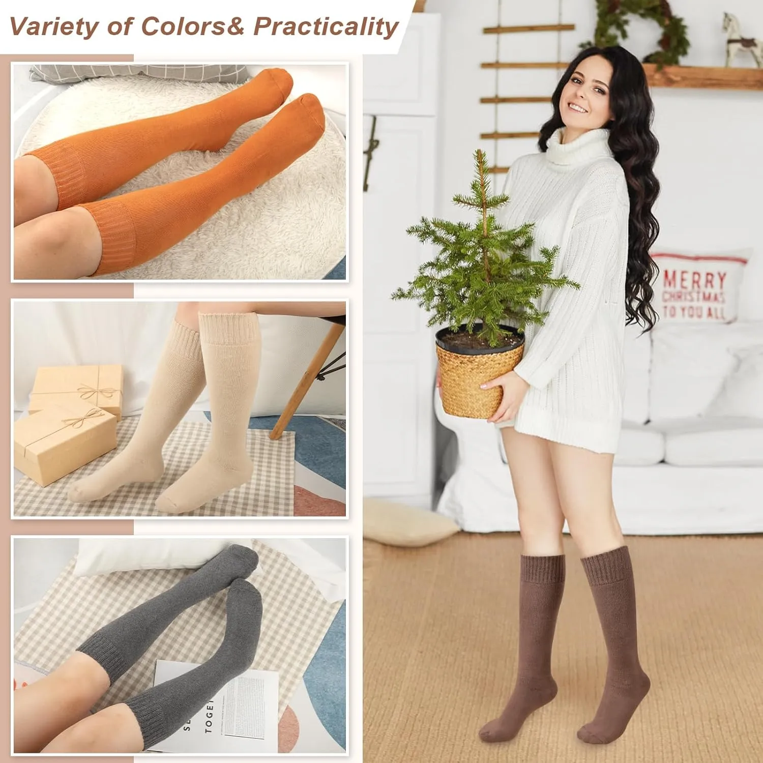YSense Warm Knee High Socks for Women 5 Pairs, Thermal Womens Cotton Long Casual Thick Winter Gifts Socks for Hiking Skiing
