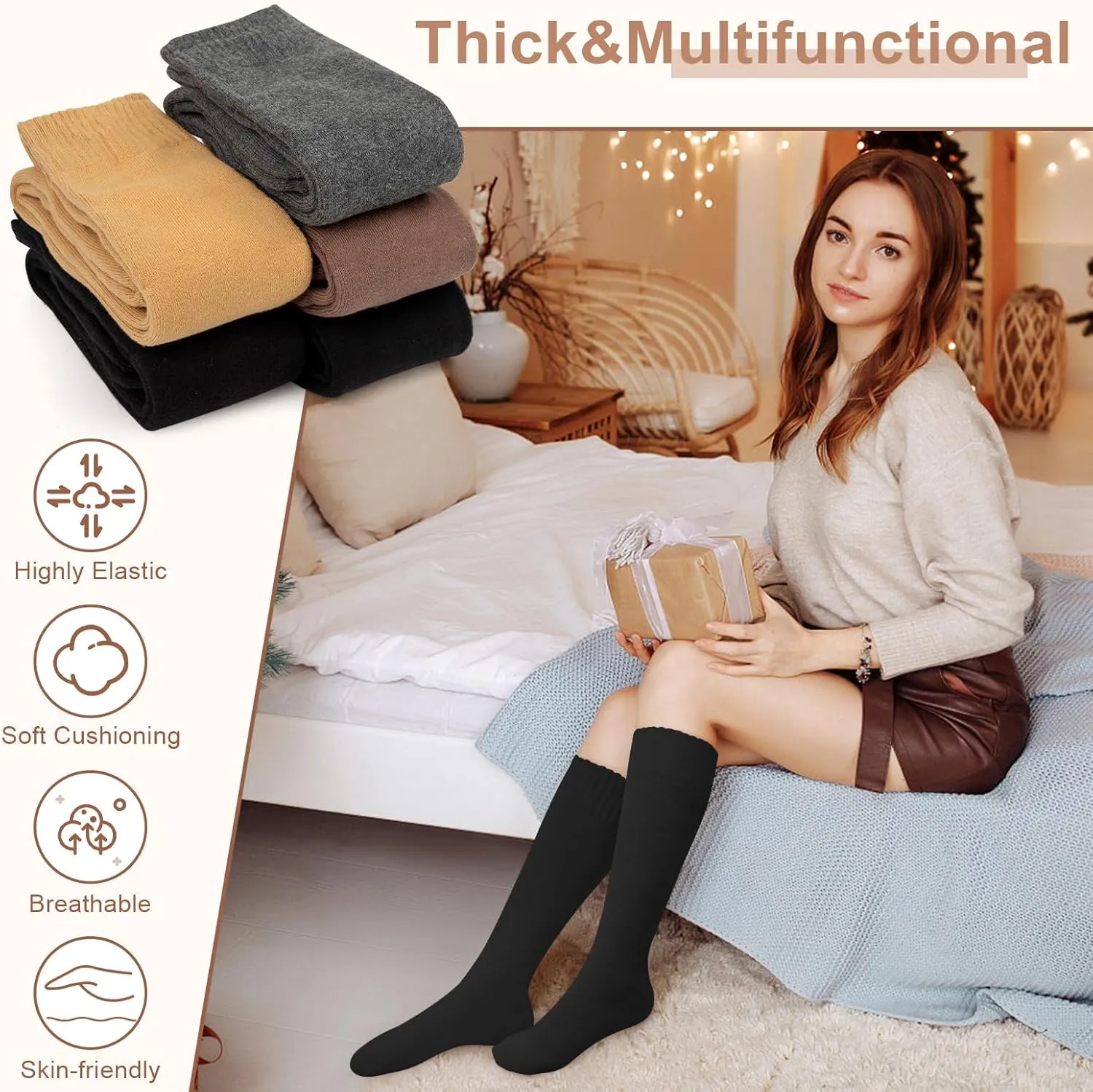 YSense Warm Knee High Socks for Women 5 Pairs, Thermal Womens Cotton Long Casual Thick Winter Gifts Socks for Hiking Skiing