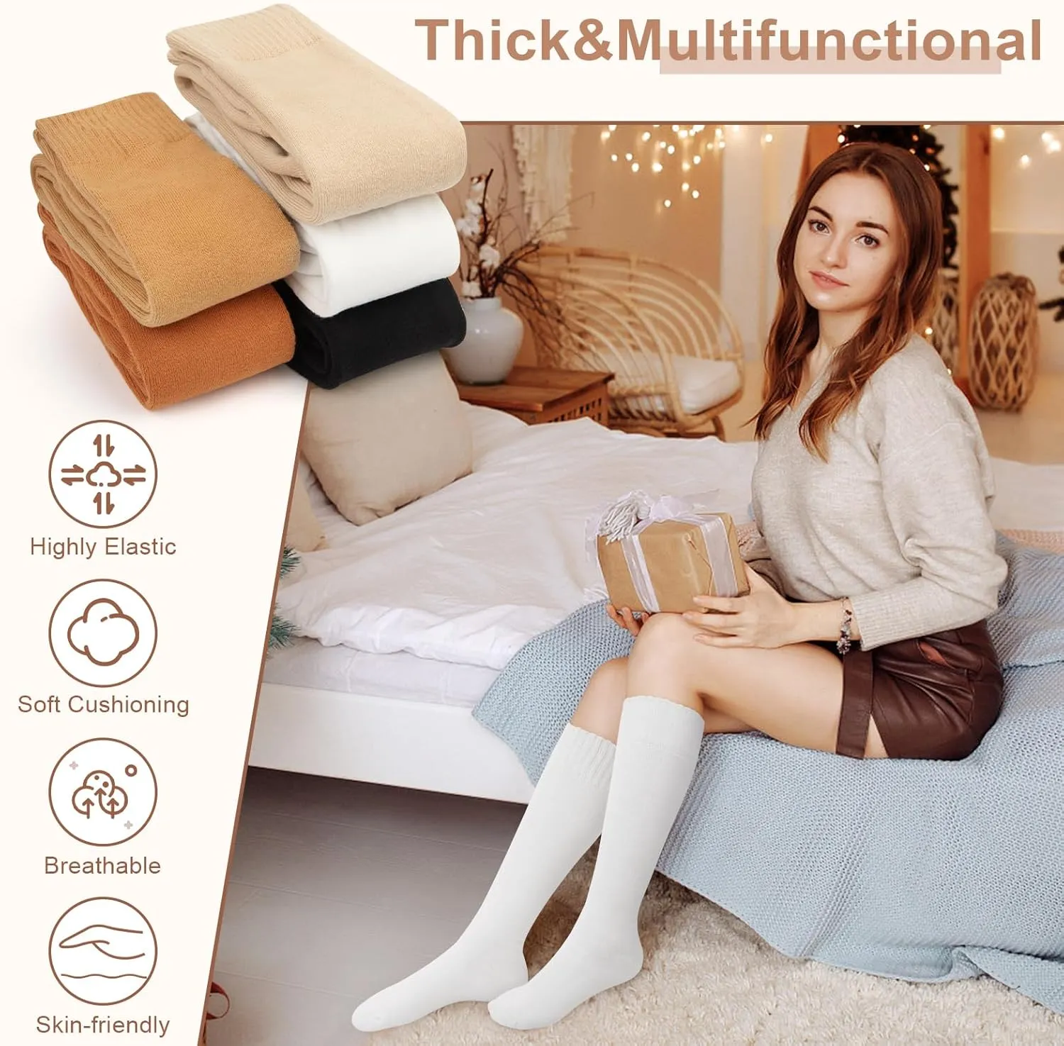 YSense Warm Knee High Socks for Women 5 Pairs, Thermal Womens Cotton Long Casual Thick Winter Gifts Socks for Hiking Skiing