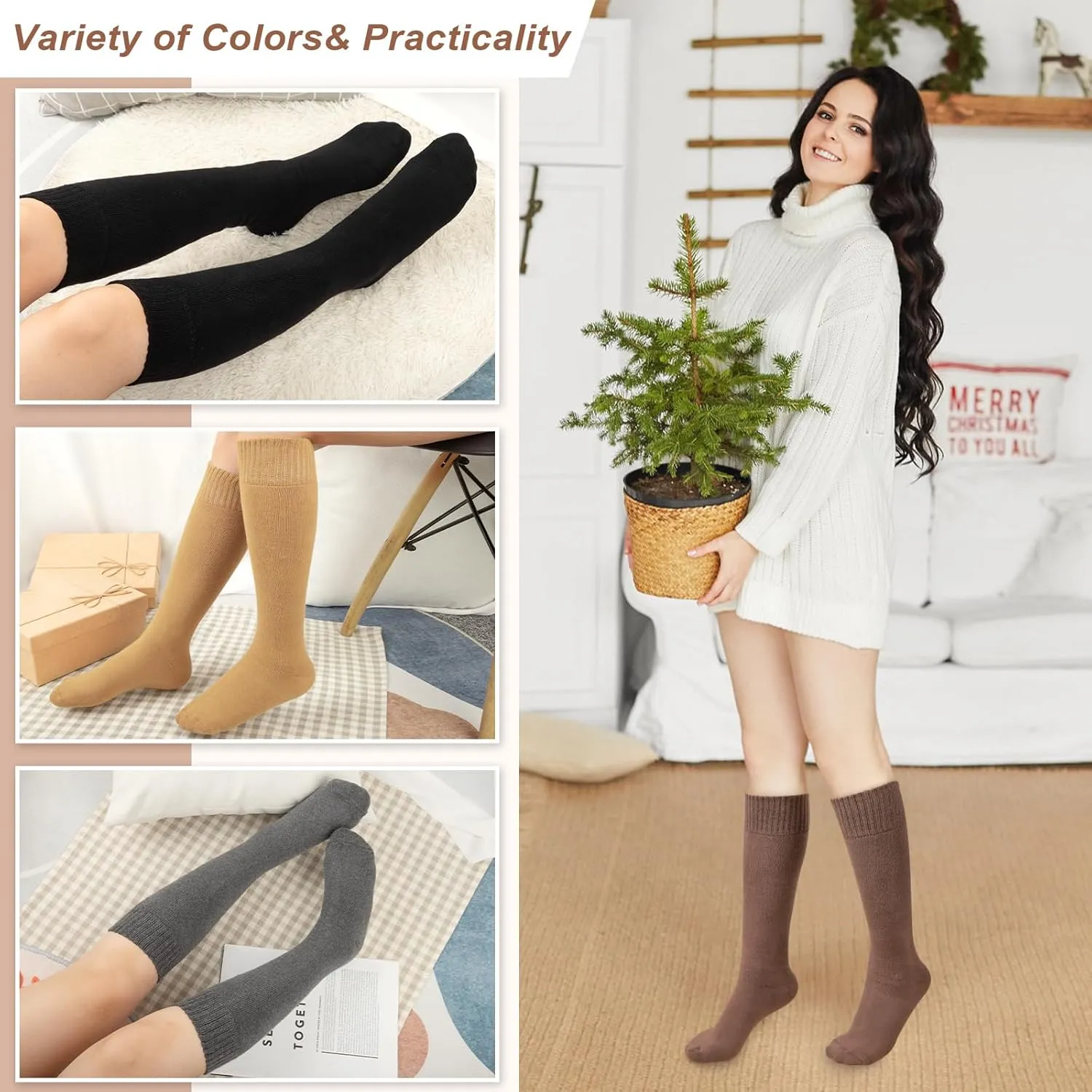 YSense Warm Knee High Socks for Women 5 Pairs, Thermal Womens Cotton Long Casual Thick Winter Gifts Socks for Hiking Skiing