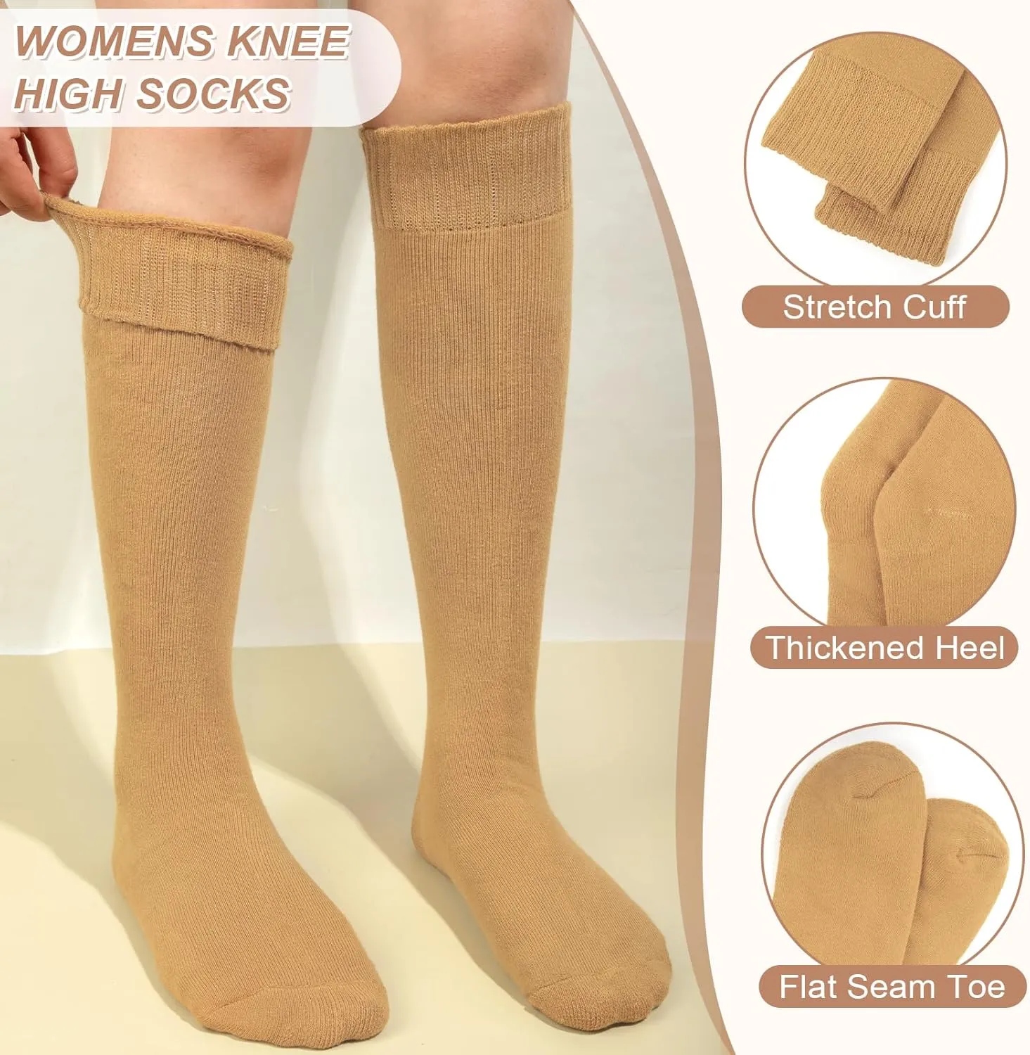 YSense Warm Knee High Socks for Women 5 Pairs, Thermal Womens Cotton Long Casual Thick Winter Gifts Socks for Hiking Skiing