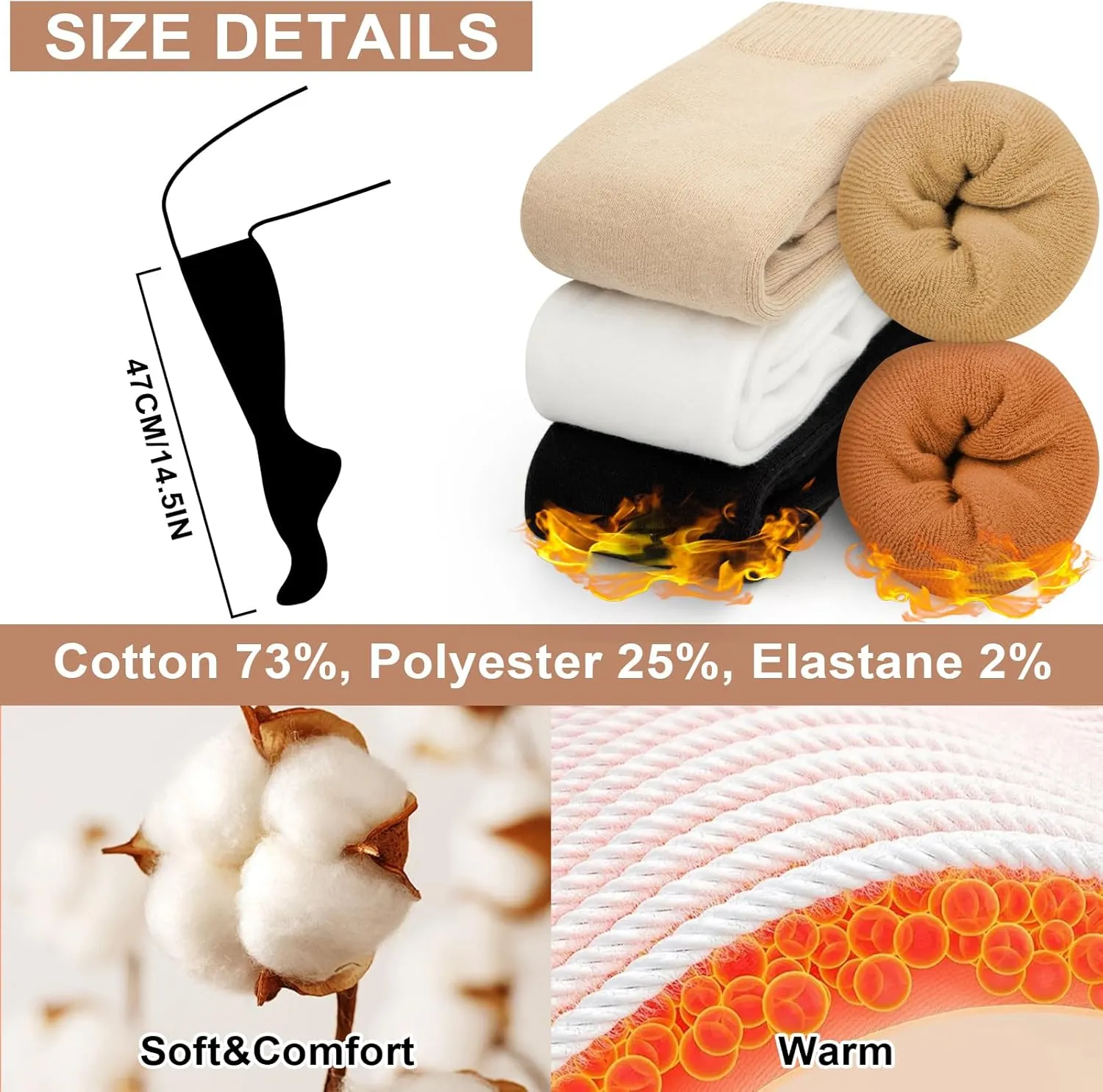 YSense Warm Knee High Socks for Women 5 Pairs, Thermal Womens Cotton Long Casual Thick Winter Gifts Socks for Hiking Skiing