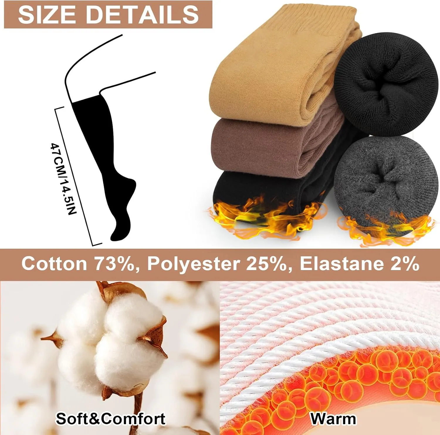 YSense Warm Knee High Socks for Women 5 Pairs, Thermal Womens Cotton Long Casual Thick Winter Gifts Socks for Hiking Skiing