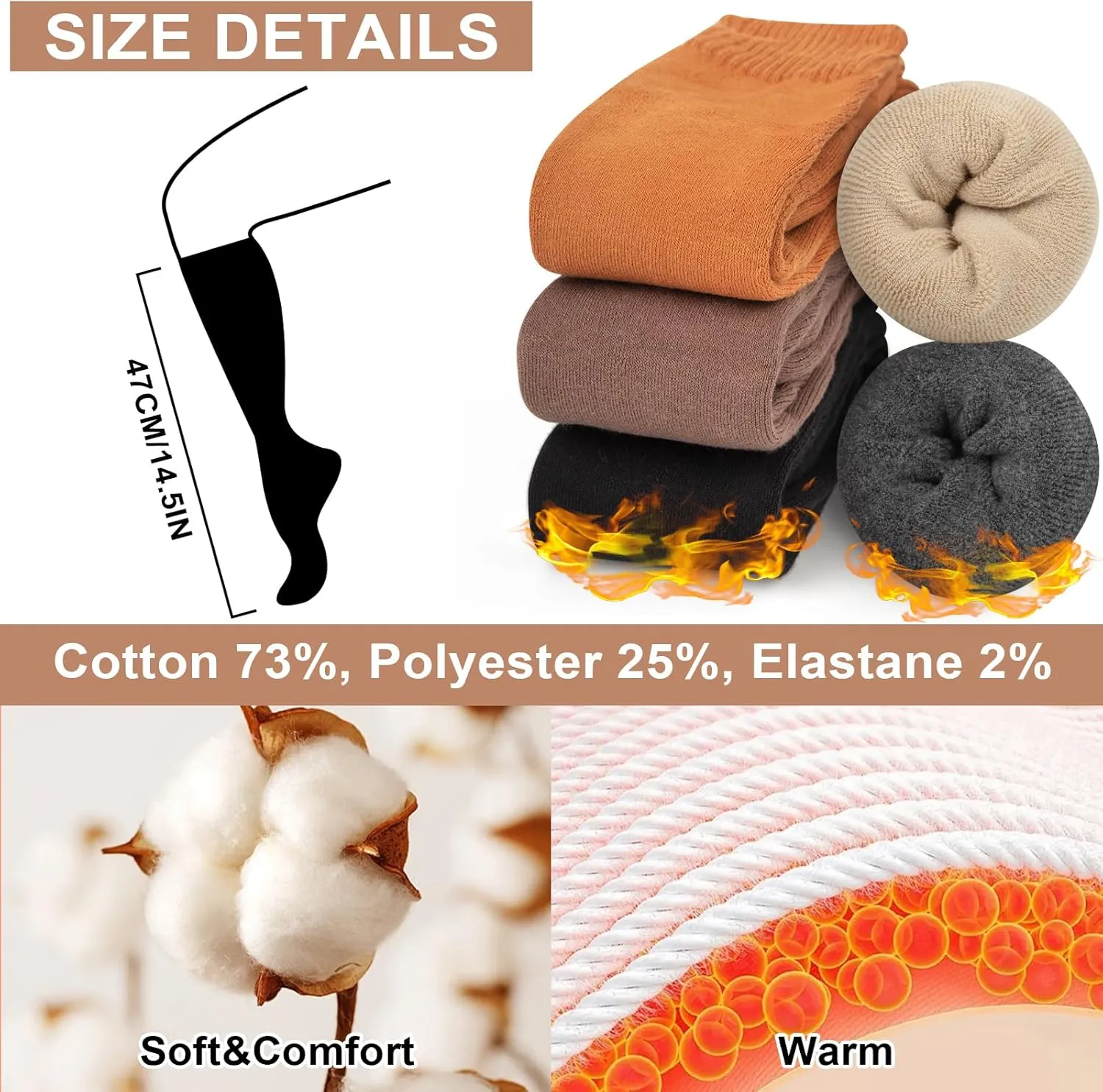 YSense Warm Knee High Socks for Women 5 Pairs, Thermal Womens Cotton Long Casual Thick Winter Gifts Socks for Hiking Skiing