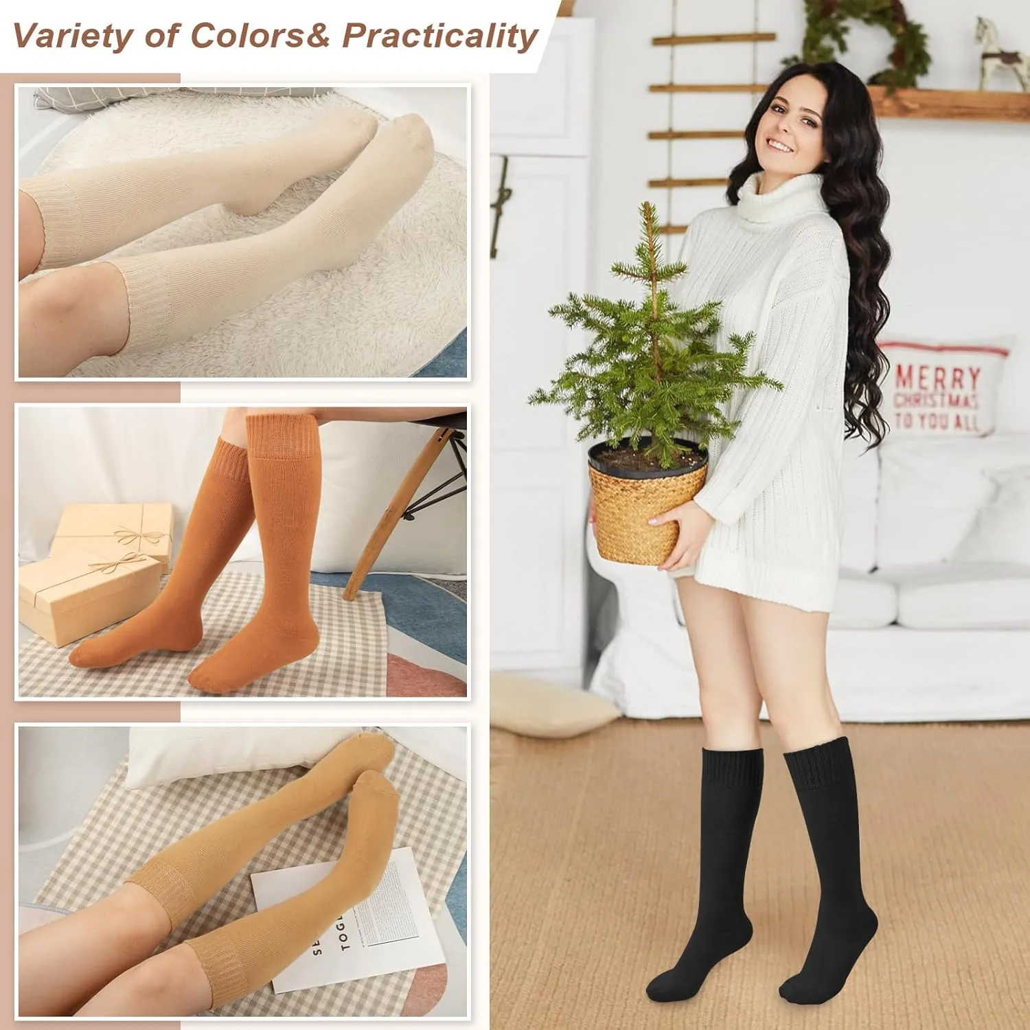 YSense Warm Knee High Socks for Women 5 Pairs, Thermal Womens Cotton Long Casual Thick Winter Gifts Socks for Hiking Skiing