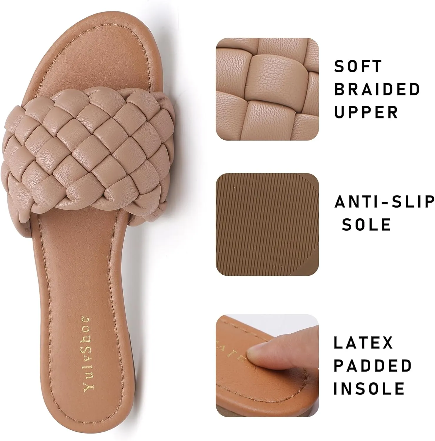 YULVSHOE Women's Braided Flat Sandals Fashion Woven Open Toe Slip On Slides Strappy Beach Sandals Slippers For Summer