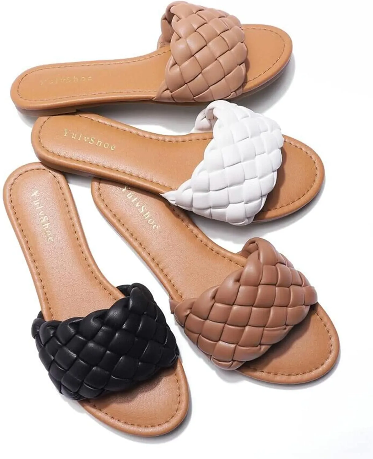 YULVSHOE Women's Braided Flat Sandals Fashion Woven Open Toe Slip On Slides Strappy Beach Sandals Slippers For Summer