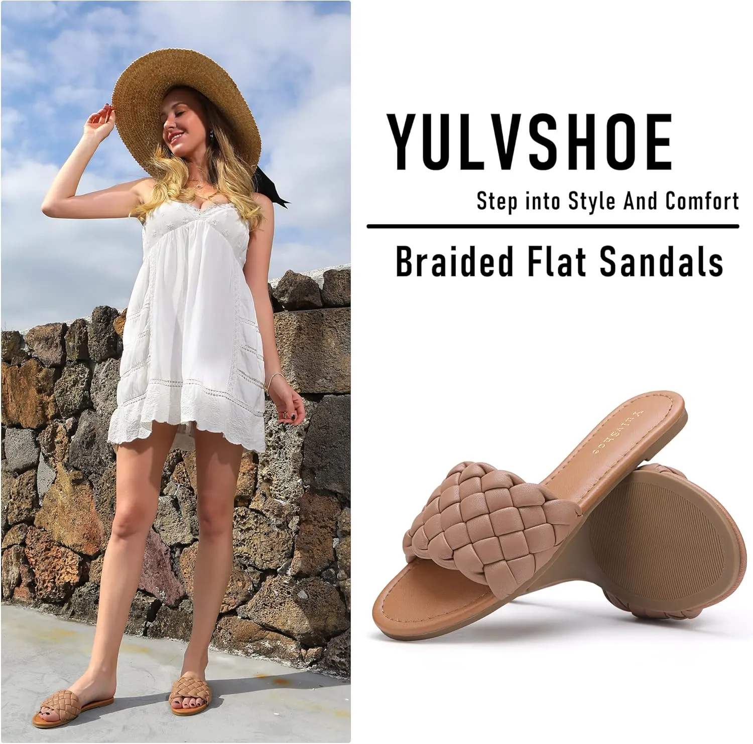 YULVSHOE Women's Braided Flat Sandals Fashion Woven Open Toe Slip On Slides Strappy Beach Sandals Slippers For Summer