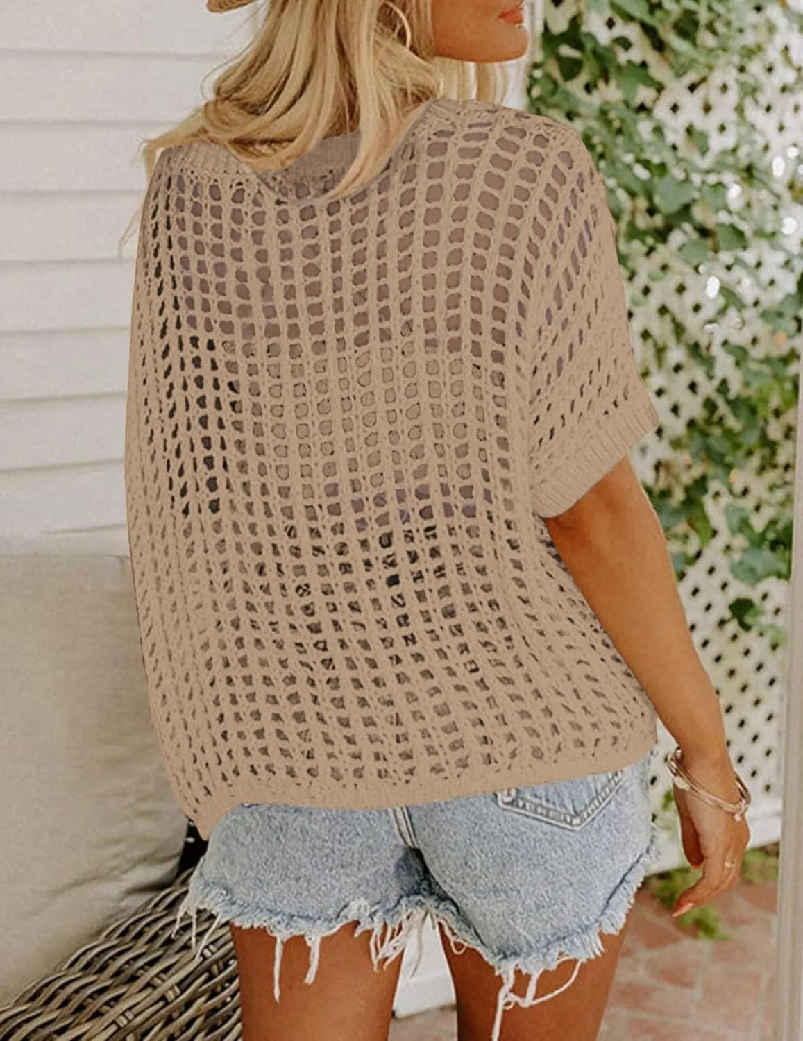 Zeagoo Short Sleeve Crochet Sweater Lightweight Summer Tops Loose Hollow Out Crewneck Pullover