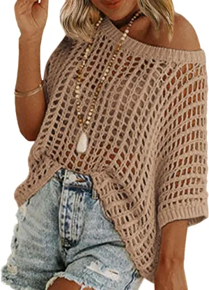 Zeagoo Short Sleeve Crochet Sweater Lightweight Summer Tops Loose Hollow Out Crewneck Pullover