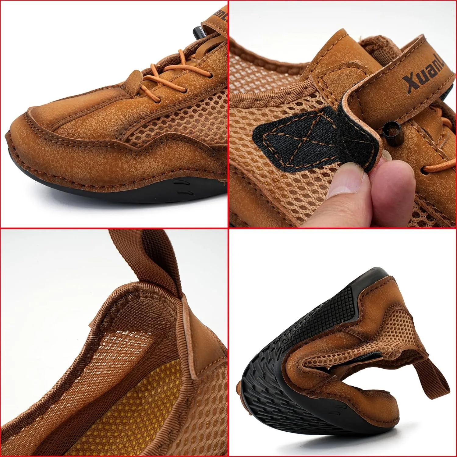 Zeberfi Men's Hollow Leather Mesh Walking Shoes for Hiking Camping & Driving Fashion Lace Up Hook and Loop Breathable Casual Beach Shoes Summer Outdoor Athletic Lightweight Water Shoes