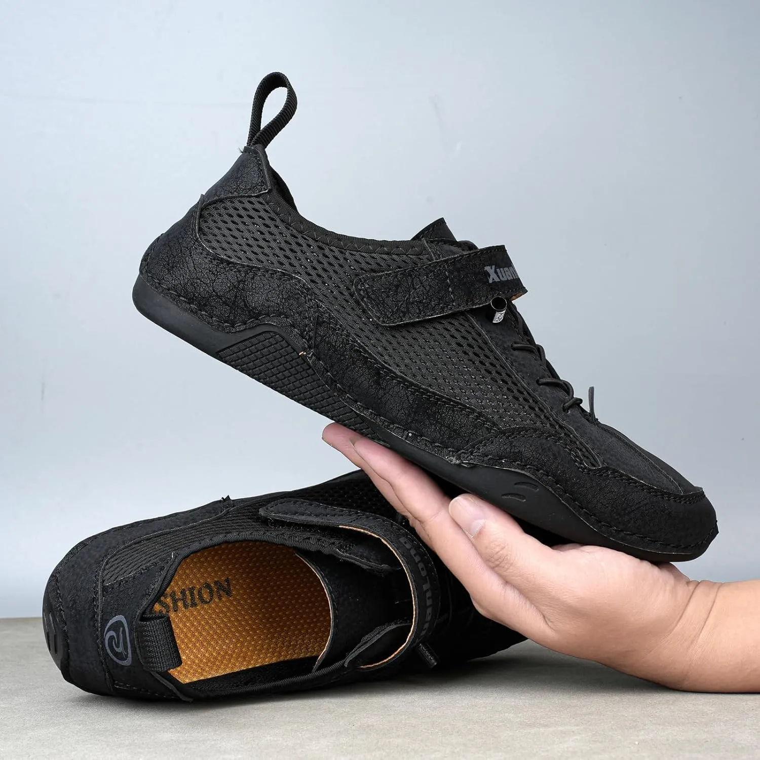 Zeberfi Men's Hollow Leather Mesh Walking Shoes for Hiking Camping & Driving Fashion Lace Up Hook and Loop Breathable Casual Beach Shoes Summer Outdoor Athletic Lightweight Water Shoes