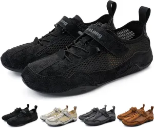 Zeberfi Men's Hollow Leather Mesh Walking Shoes for Hiking Camping & Driving Fashion Lace Up Hook and Loop Breathable Casual Beach Shoes Summer Outdoor Athletic Lightweight Water Shoes